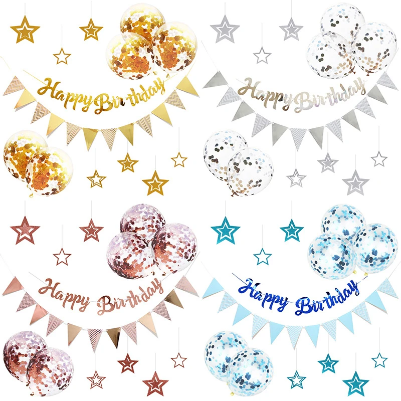 

Rose Gold Silver Happy Birthday Paper Banners Confetti Latex Balloons Birthday Party Decorations Hanging Bunting Garland Flags