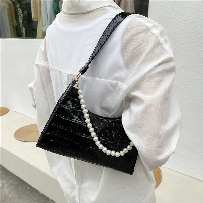 

Armpit Bag Women Retro Handbag PU Leather Underarm Shoulder Bag Pearl Top Handle Bag Female Small Subaxillary Bag Clutch