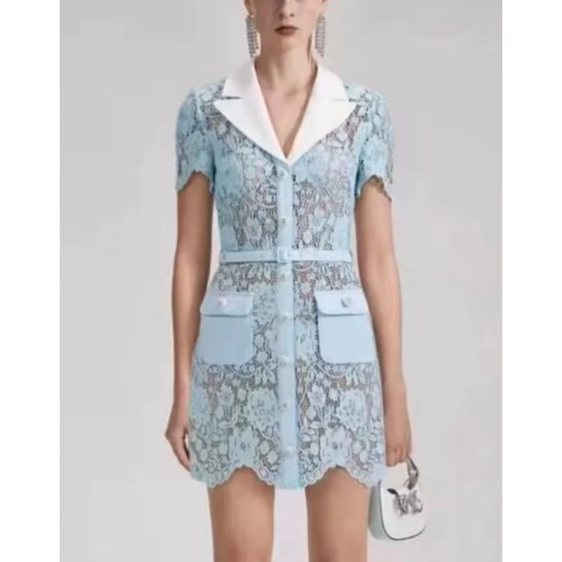 

2023 Spring Summer Top Quality Women Fashion Luxury Blue Floral Lace White Notched Petal Sleeve Mini Dress