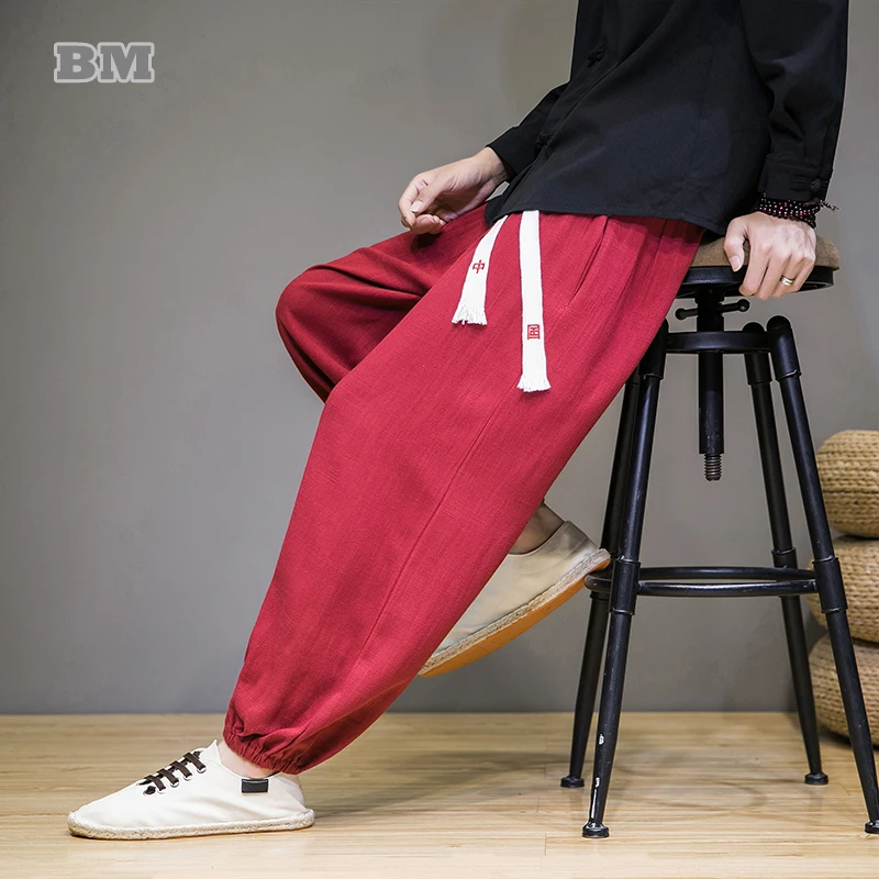 

Брюки мужские хлопково-льняные в китайском стиле, повседневные Модные шаровары для бега, с текстовой вышивкой, одежда для бега, большие размеры, весна-осень