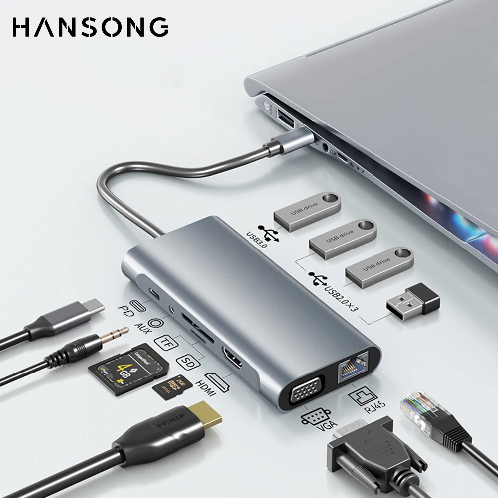 

USB-концентратор для MacBook 11 в 1, адаптер типа C для ноутбука 4K HDMI-совместимый с USB 3,0 VGA RJ45 SD/TF-картой PD док-станция разделитель