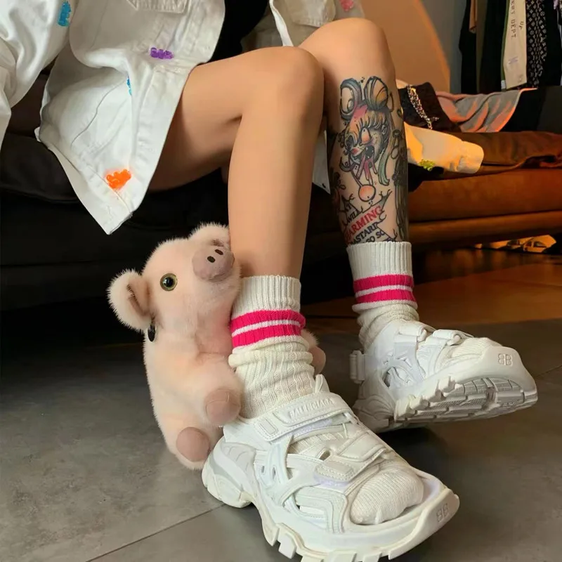 

High Quality Tide Stripe Fluorescent Orange Parallel Bars Socks Cotton Stockings for Men and Women In Autumn and Winter