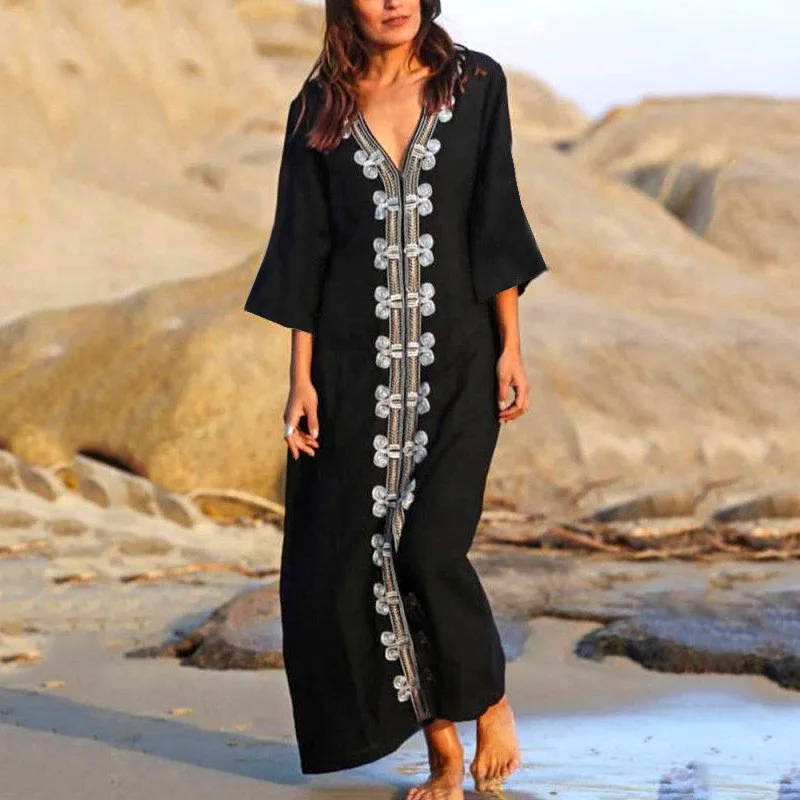 

New Arrivals Beach Cover up Rayon Embroidery Swimwear Ladies Vintage Pareo Kaftan Beach Swimsuit Robe de Plage Beachwear