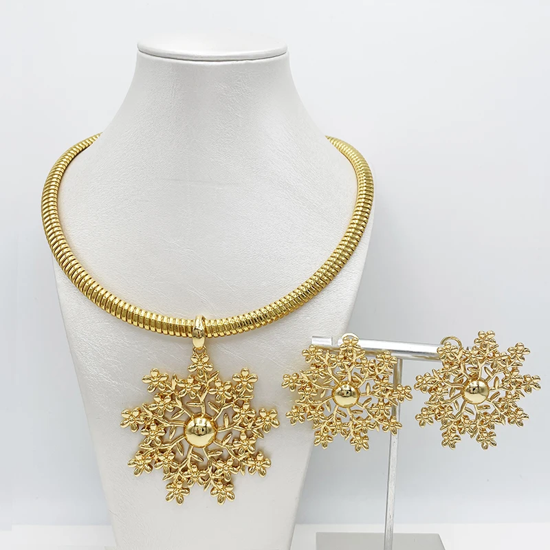 

African Hot Selling Flower Shape Women Fashion Jewelry Earing And Necklace Set Party Dinner Wedding Metal Alloy Jewelry