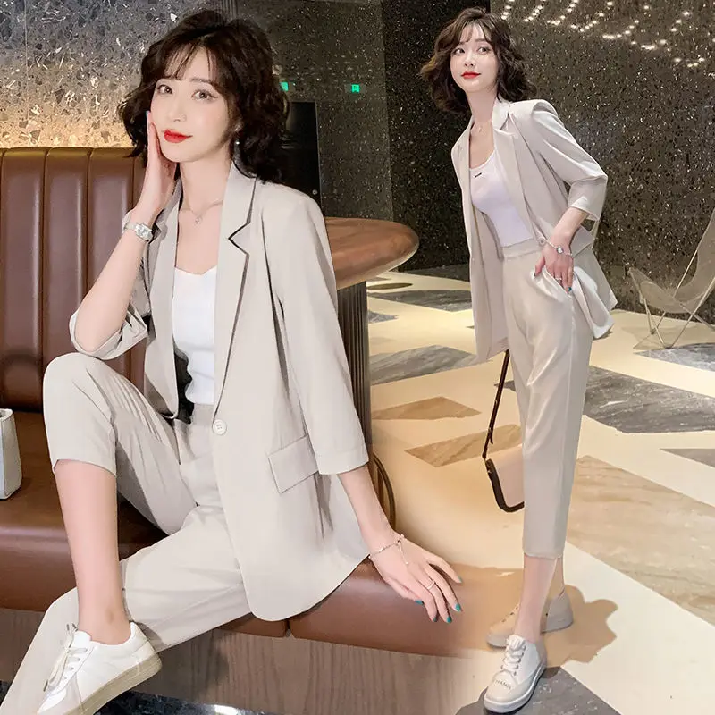 

2022 Summer Women New Large Size Suits Female Solid Color Notched Jackets + High Waist Straight Pants Ladies 2 Piece Sets S138