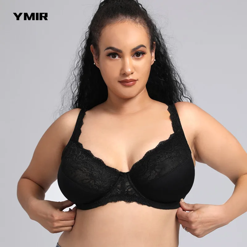 

New boutique large size bra women's thin section steel ring lace underwear big breasts show small solid color gather bra women