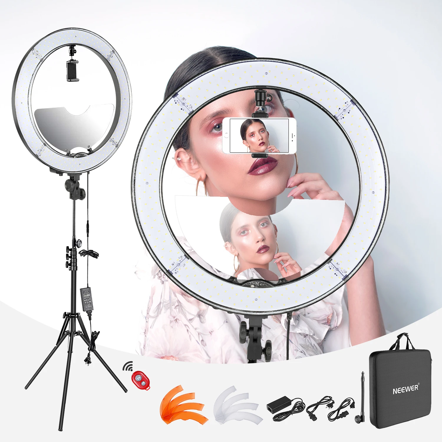 

Neewer LED Ring Light 18-inch Outer Diameter With Top/Bottom Dual Hot Shoe Mirror Smartphone Holder Light Stand Soft Tube Filter