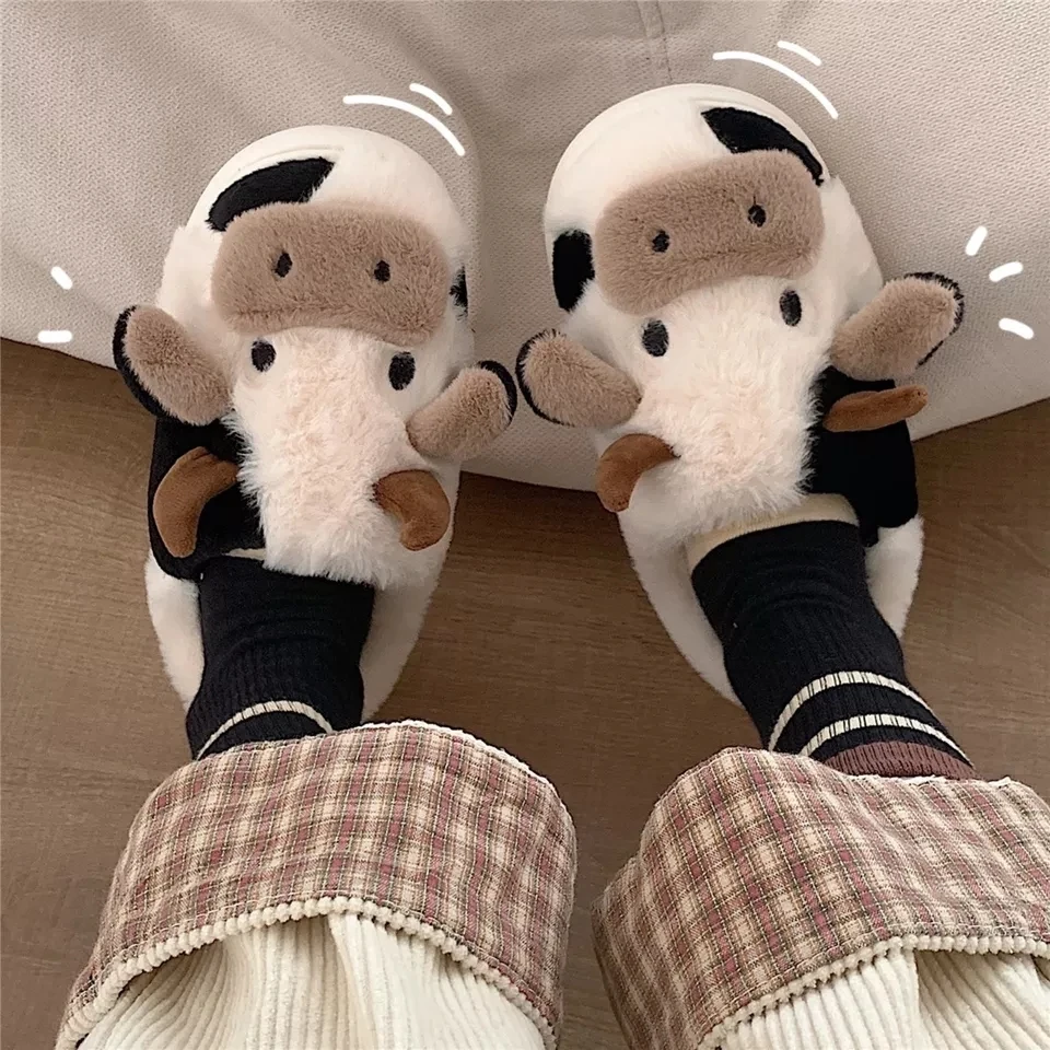 Comwarm Cute Animal Furry Slipper For Women Girls Fashion Fluffy Winter Warm pantofole donna Cartoon Milk Cow Home Cotton Shoes