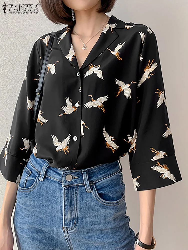 

Блузка ZANZEA женская с отложным воротником и рукавом 3/4, модная повседневная мешковатая рубашка с принтом в ретро стиле, на пуговицах, лето 2022