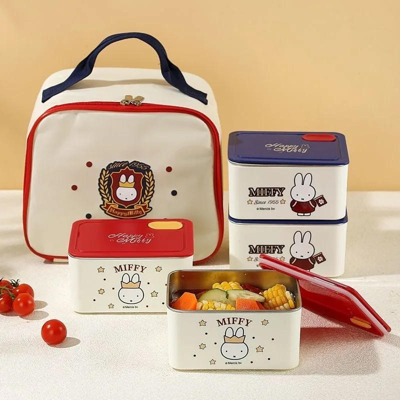 Фото Новый милый ланч-бокс Miffy с изоляцией, квадратный, с крышкой, для студентов и офисных работников, коробка для еды, мультяшный бенто-бокс, милый подарок для мальчиков и девочек №1