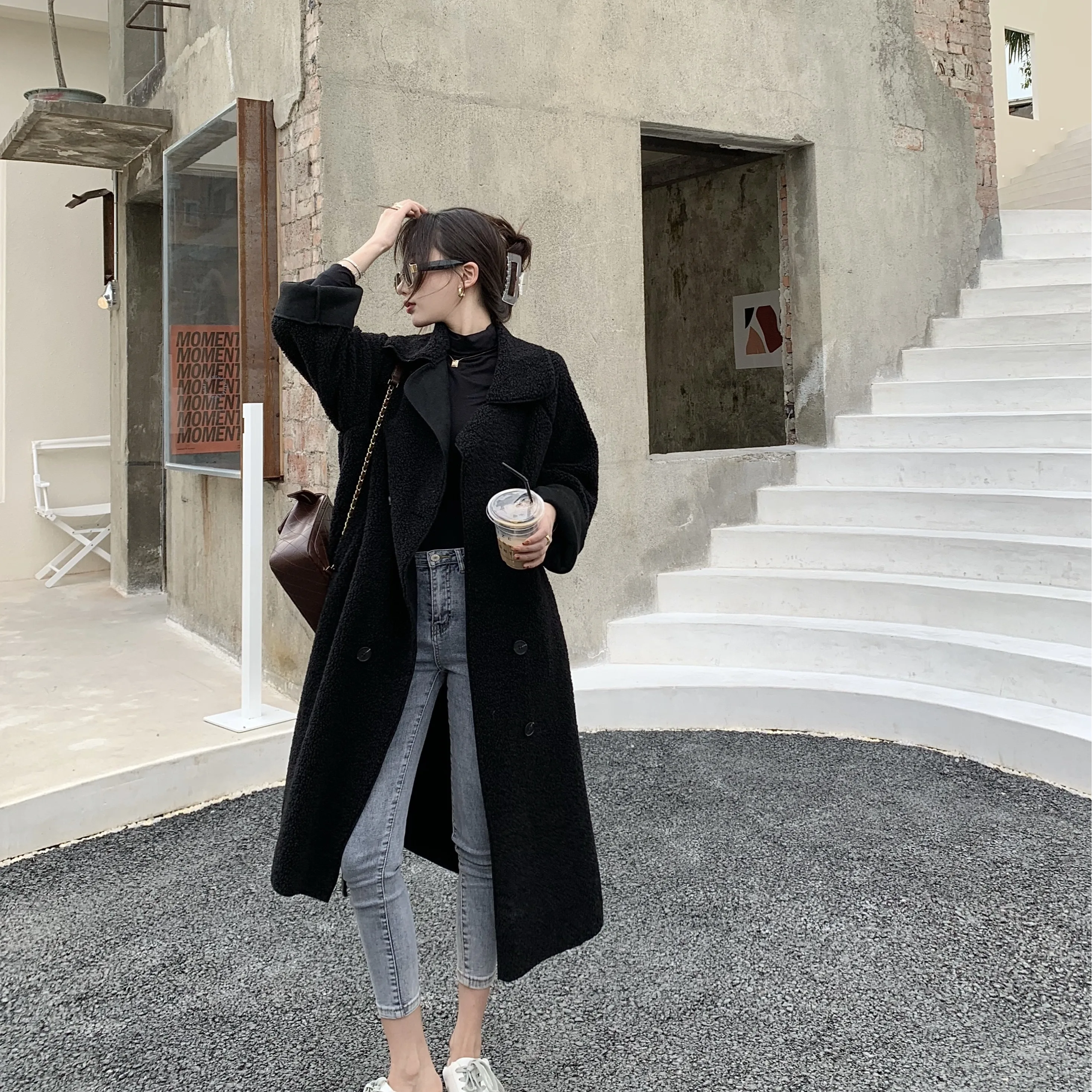 Корейская серия Hepburn Sle черный утепленный плащ из овечьей шерсти верхняя одежда