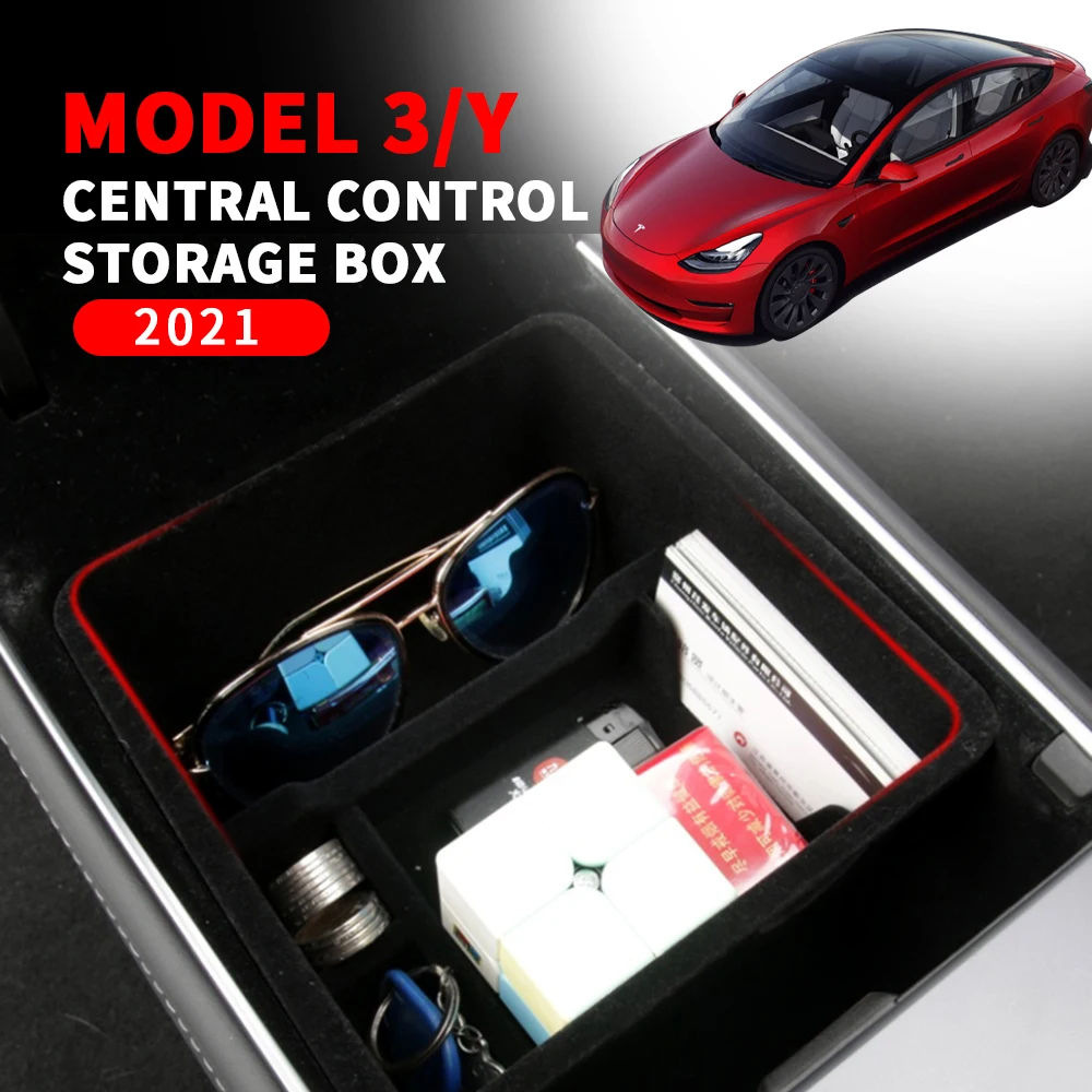 

For Tesla Model 3 Y 2021 ABS Flocking Car Central Control Storage Box Armrest Organizer Charging Hole Auto Interior Accessories