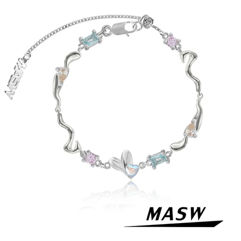

MASW Original Design One Layer Heart Crystal Charm Bracelet Sweet High Quality Copper Metal Bracelet For Women Jewelry Gift