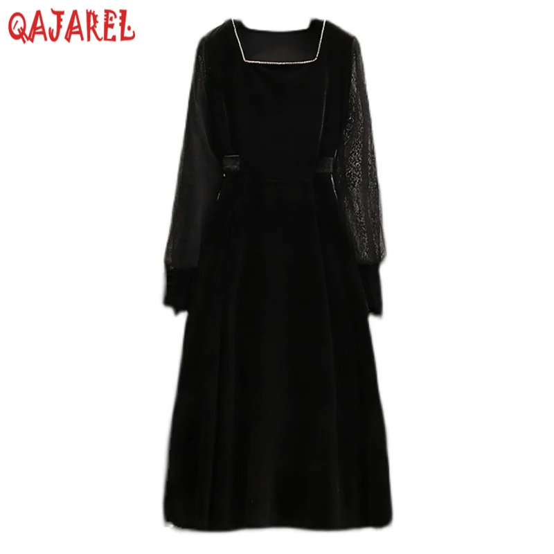 

Осенне-зимнее черное бархатное лоскутное кружевное платье миди с длинным рукавом женское новое модное платье с квадратным вырезом 2023 корей...