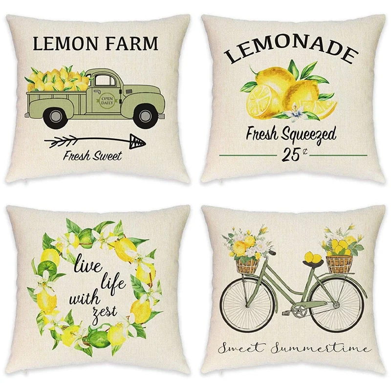 

Farmhouse Lemon Pillow Covers Summer Lemon Vintage Truck Lemon Bicycle Decorative Throw Pillow Covers For Summer Decor