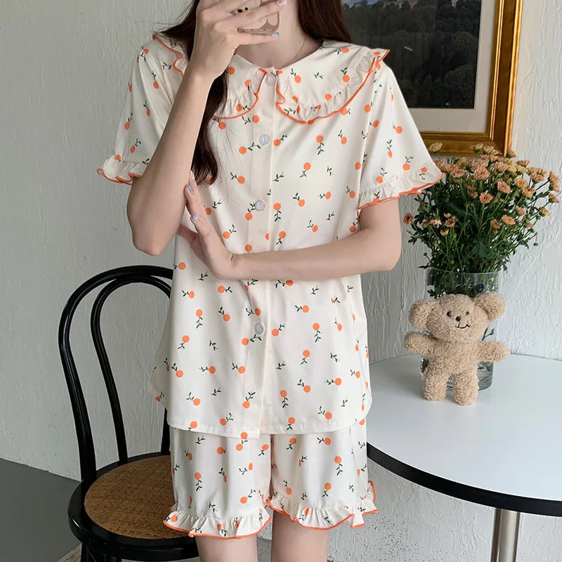 CAIYIER 2022 Korean Pajamas Set For Women Summer Flower Grils Sleepwear Sweet Cherry Female Nightwear Kawaii Leisure Home Suit