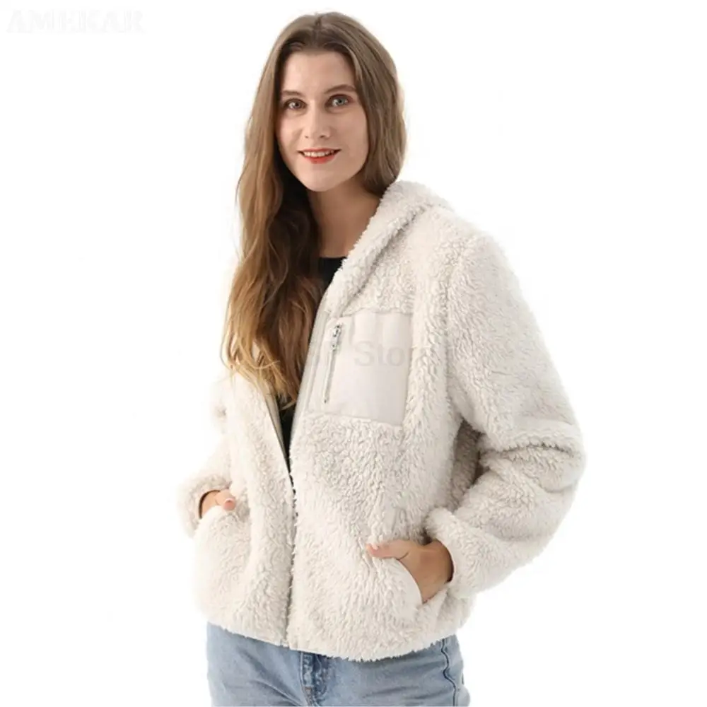 Women Winter Real Fur Zipper Coat Long Sleeve With Hood Pure Color Real Fur Jacket Thermal Fluffy Pocket Women's Fur Coat