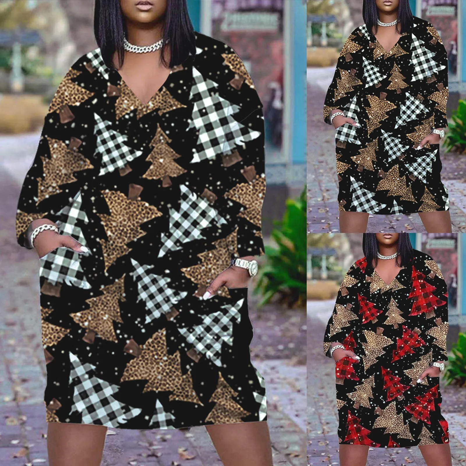 

Dress For Women Tie Dye V Neck Fashion Casual Christmas Print Long Sleeve Dresses