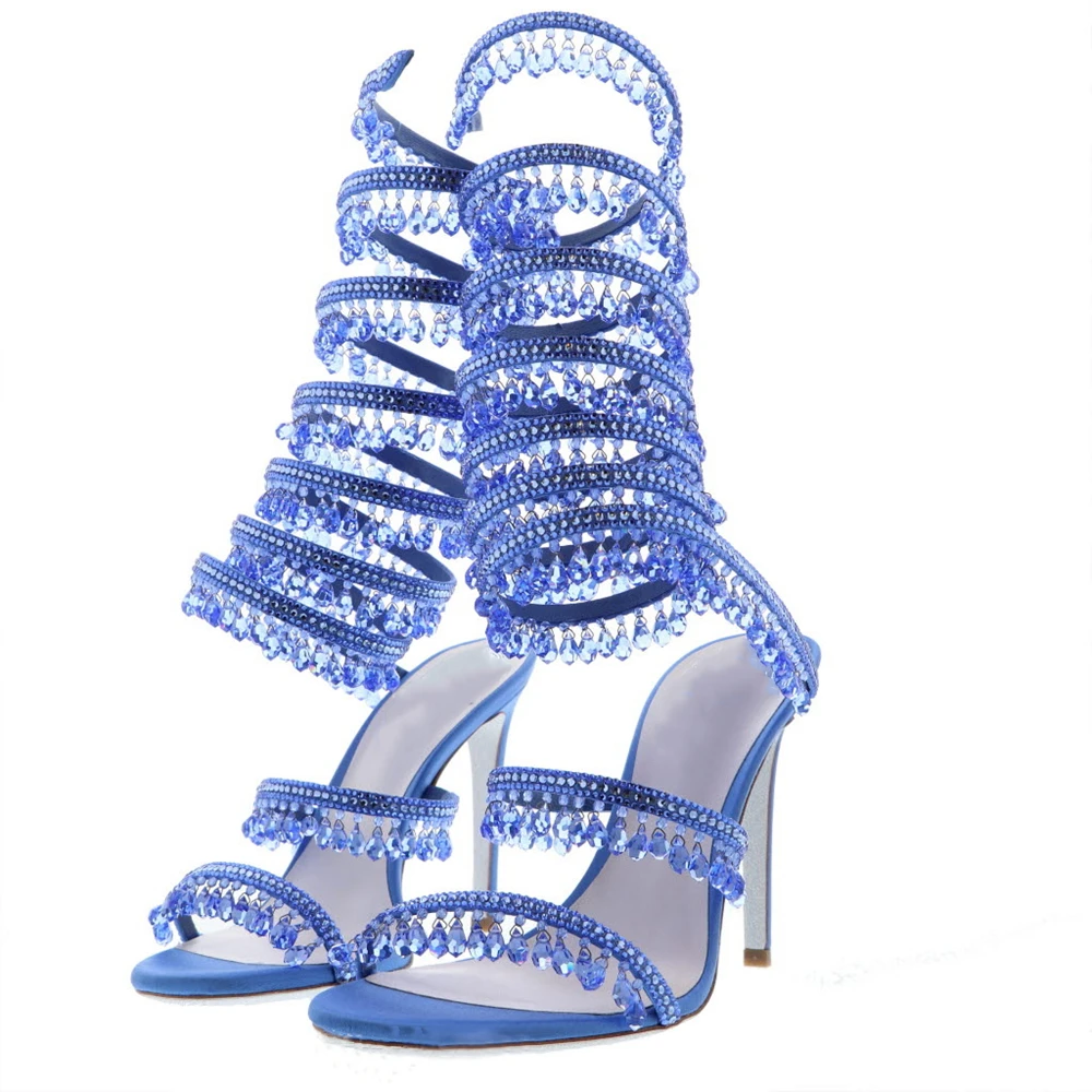 

Women's New Tassel Crystal Rhinestone Fashion Sandals Twining Ankle Strap Stiletto Shoes Round Toe Peep Toe Sexy Ladies Pumps