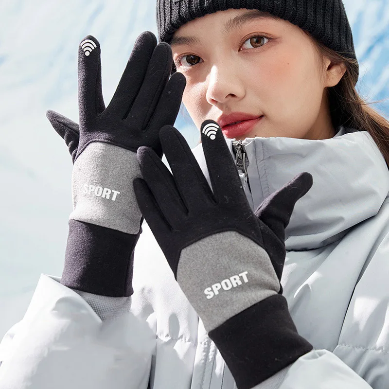 Sports Fashion Windproof Touch Screen Gloves Women Winter Full Finger Hand Warmer Suede Glove Female Young Students Wholesale