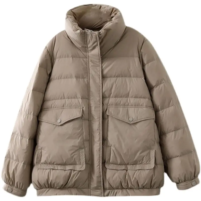 Winter Women 2023 New Korean Elegant Chic Stand Collar White Duck Down Jackets Fashion Casual Long Sleeve Coats Outwear C63