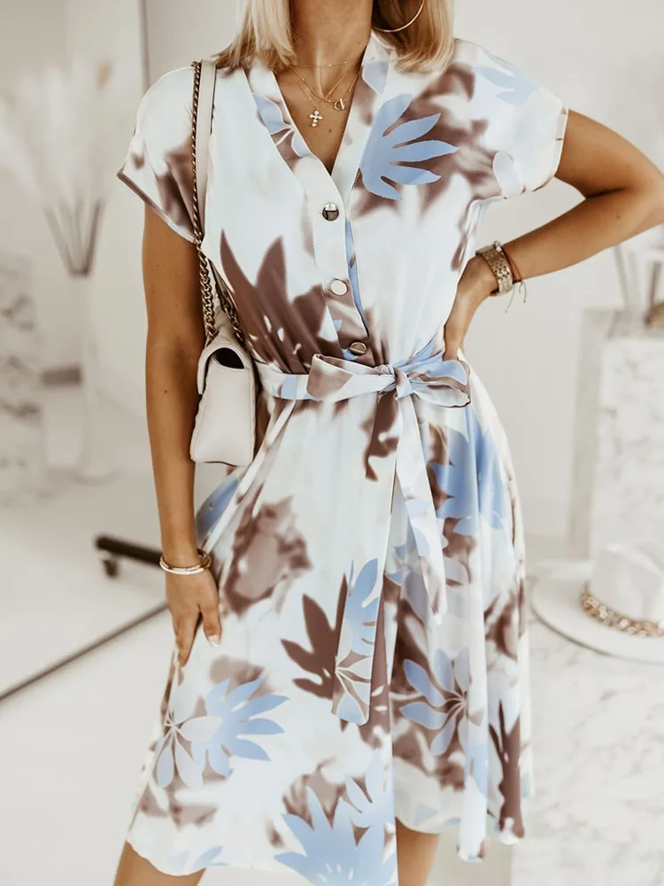 

Elegant V Neck Single-Breasted Lace-up Shirt Dress Summer Pattern Print Short Sleeve Dress Women Fashion Chic Office Long Dress