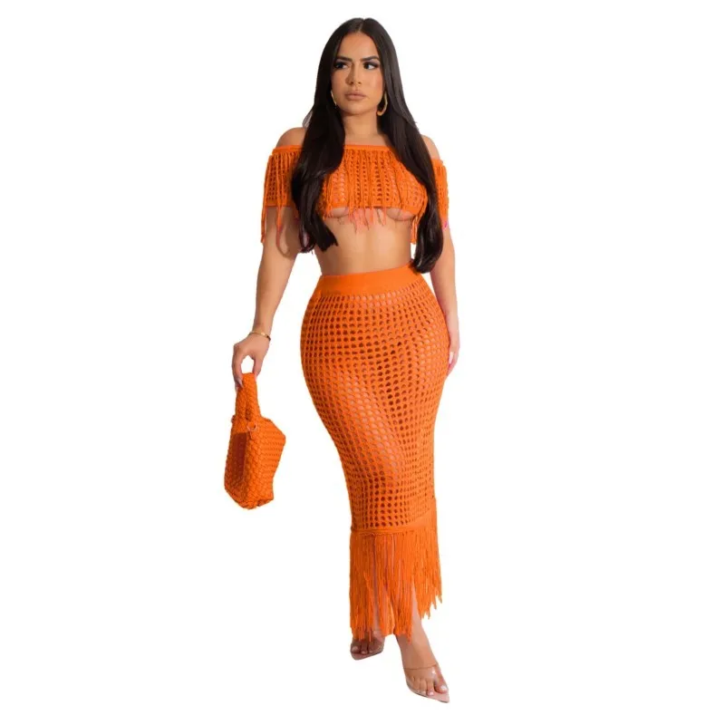 

Beach Skirt Set Wrap Bust Sexy Women's Short Sleeve Top Long Skirt 2 Piece Women Sets Solid Tassel Casual Beach Clothing Summer