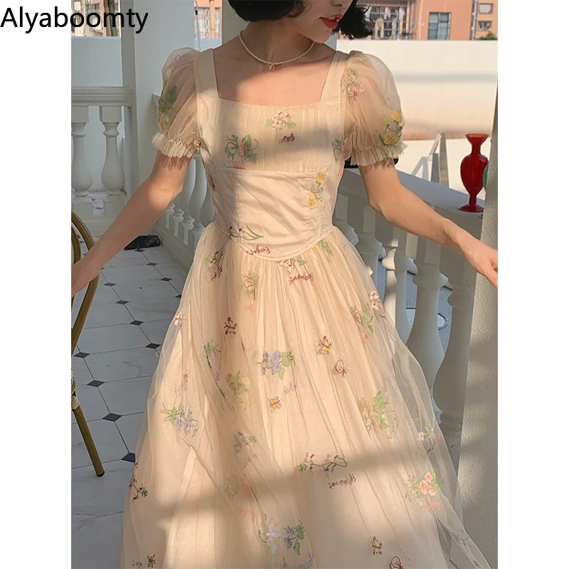 

Женское Сетчатое платье миди с квадратным вырезом, элегантное фатиновое платье с цветочной вышивкой и пышными рукавами, лето 2022