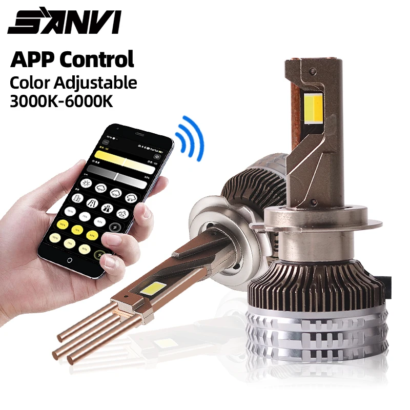 

SANVI Bluetooth APP Control Smart Автомобильная светодиодная лампа для фар Регулируемый цвет 3000 4300k 6000K H1 H4 H7 9005 9006 H11 Противотуманная фара