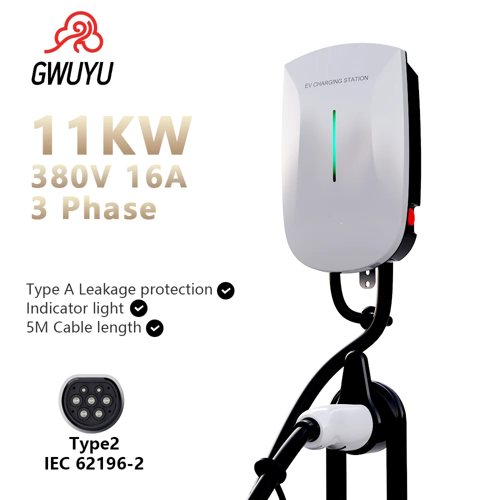 

Зарядная станция для электромобилей GWUYU Plug and Play Type 2 IEC62196-2 32A 7KW 220V 22KW 380V 11KW 16A 3-фазный EVSE Wallbox 5 метров