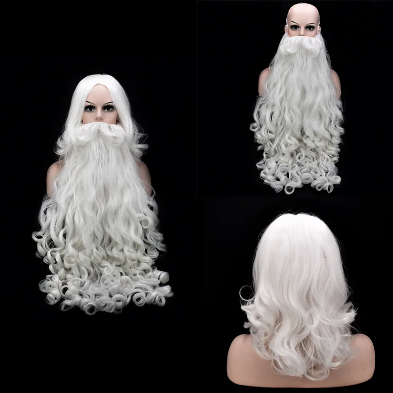 

2023 New Santa Cosplay Santa Claus Wig and Beard Cosplay Wigs White Hairpiece Accessories Santa Beard 80 and 60cm For Christmas