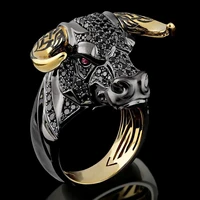 fashion mens black yellow gold color bull head ring luxury party hip hop punk style jewelry
