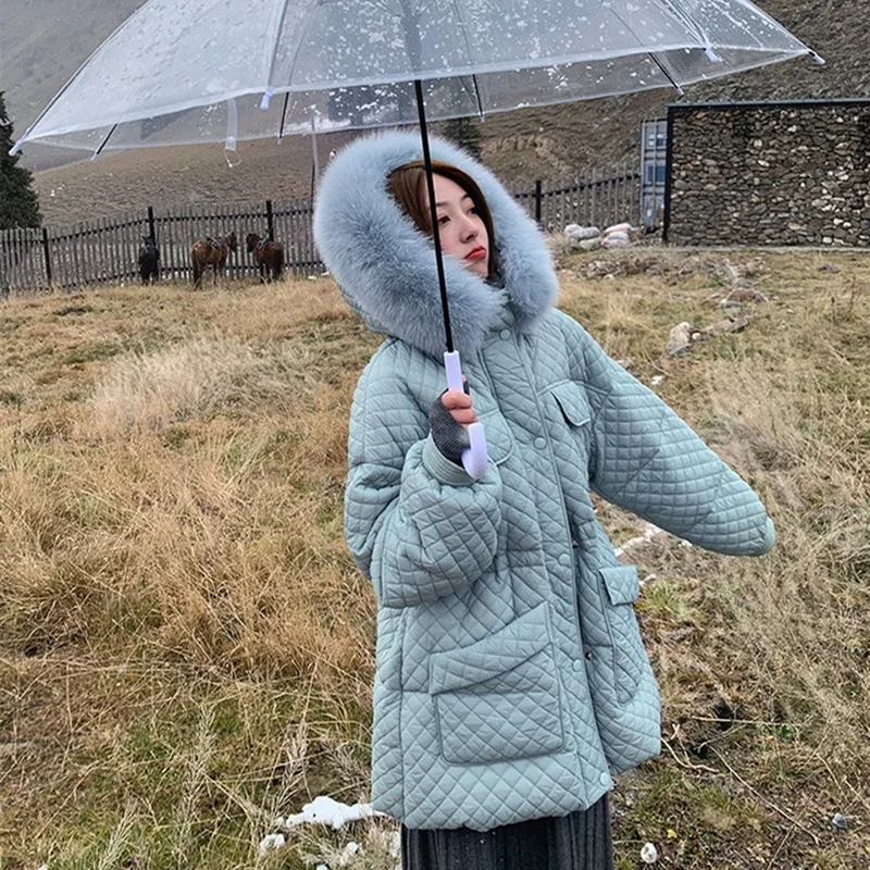 New Winter Real Large Natural Fur Hooded Long Down Jacket Women 90% White Duck Down Coat Loose Thick Warm