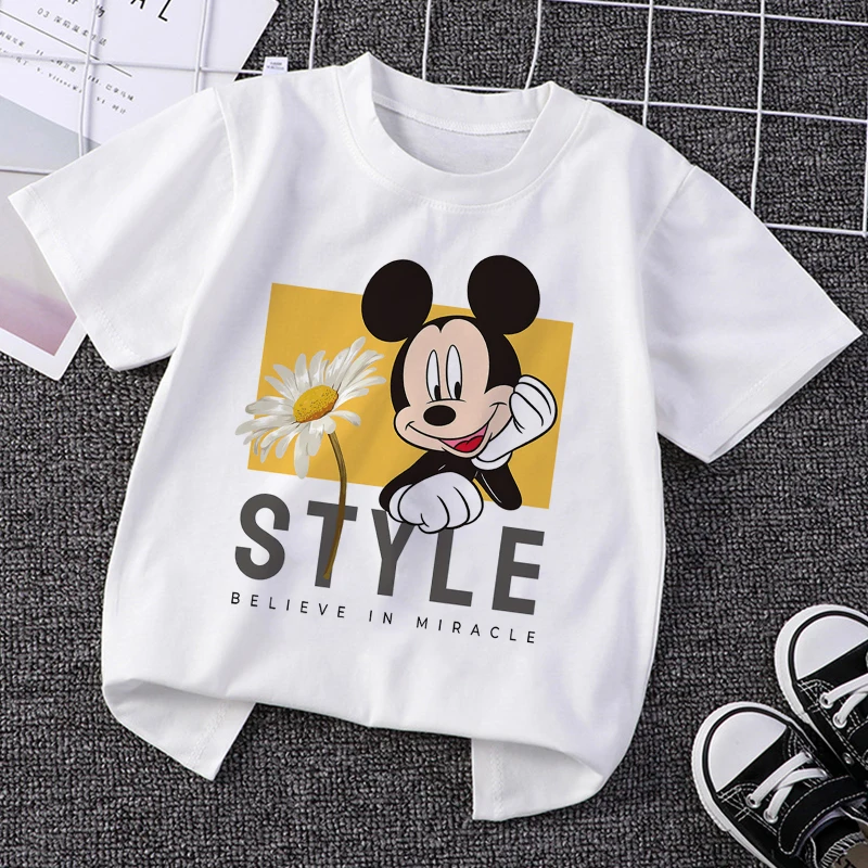 

Disney Charm Costume Mickey Mouse Minnie White Fashion New Summer Boys Clothes T-shirts Baby Girl Clothes Harajuku Cartoon Tee