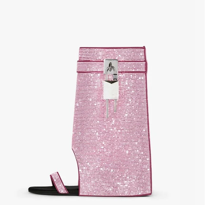 

Bling Bling Crystal Peep Toe Hollow Shark Lock Ankle Boots Metal Decor Folded Height Increasing Wedge Boots Size 43