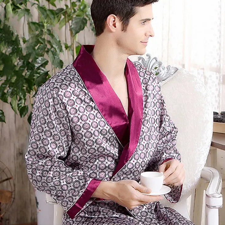 IOOTIANY Men's Robe Nightgown Satin Kimono Bathrobe Gown Casual Sleepwear Plus Size Print Gold Home Dressing Gown 3XL 4XL 5XL