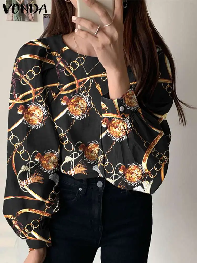 

VONDA Vintage Blouse 2023 Summer Elegant Women Casual Long Sleeve O Neck Tunic Top Casual Printed Fashion Party Blusas Feminina