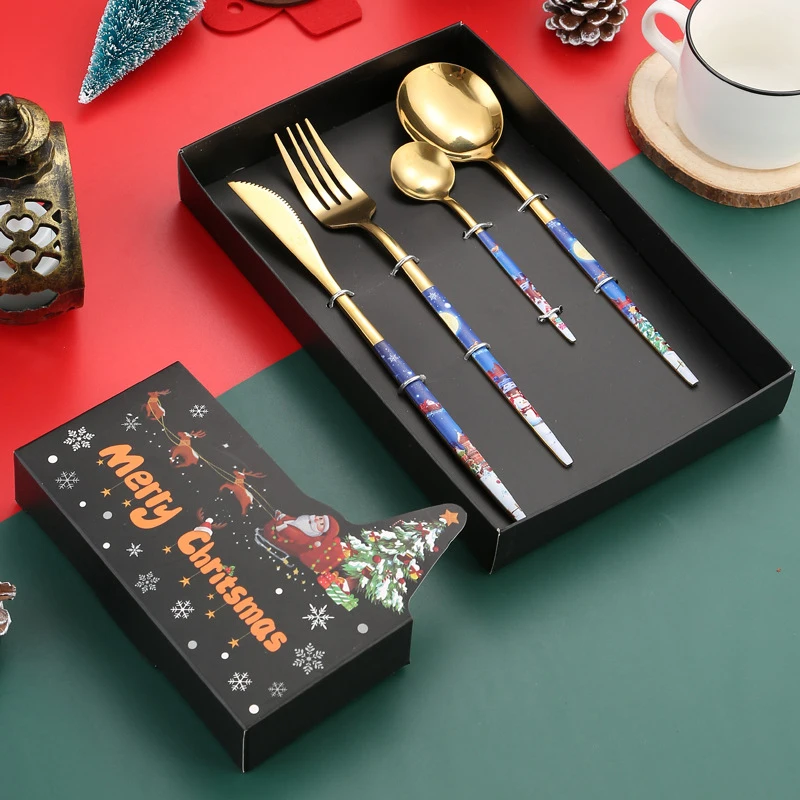 

4PCS Christmas Gift Cutlery Spoon Fork Set Elk Christmas Tree Decoration Dessert Spoon Fruit Fork Coffee Spoon Cutlery Gift