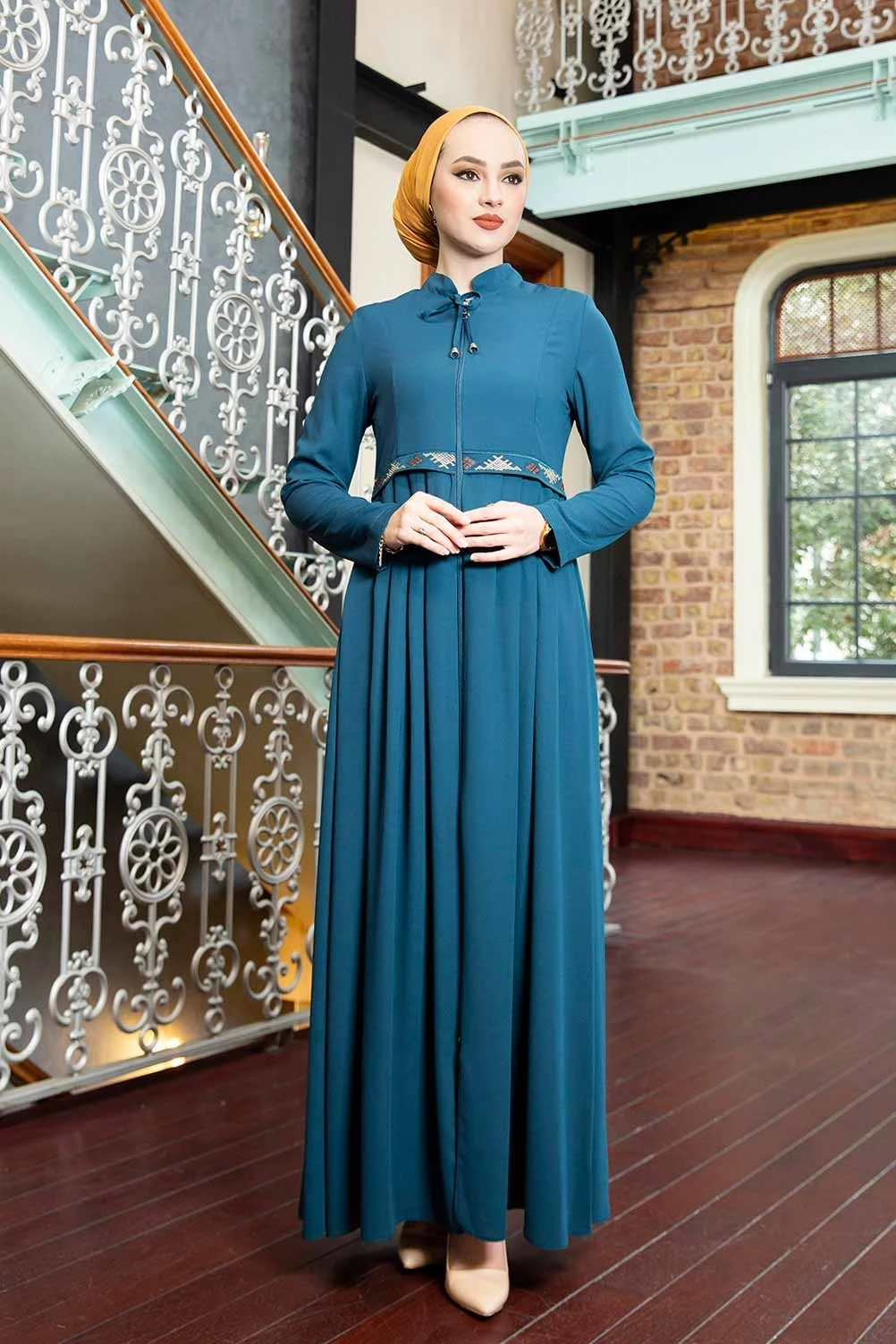 Articulated Nakışlı Pleated Ferace E-Oil Blue
