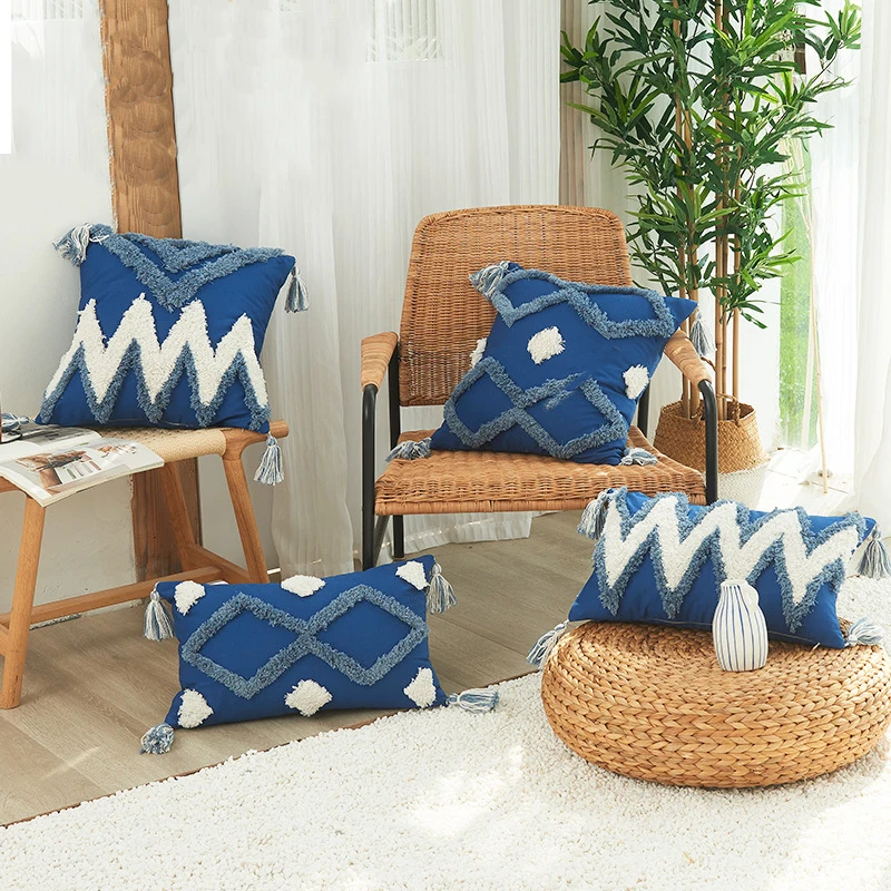 Blue Cusion Cover Hand Embroidered Pillow Cover 45x45cm For Living Room Bed Decorative Pillows Home Decoration Salon Funda Cojin
