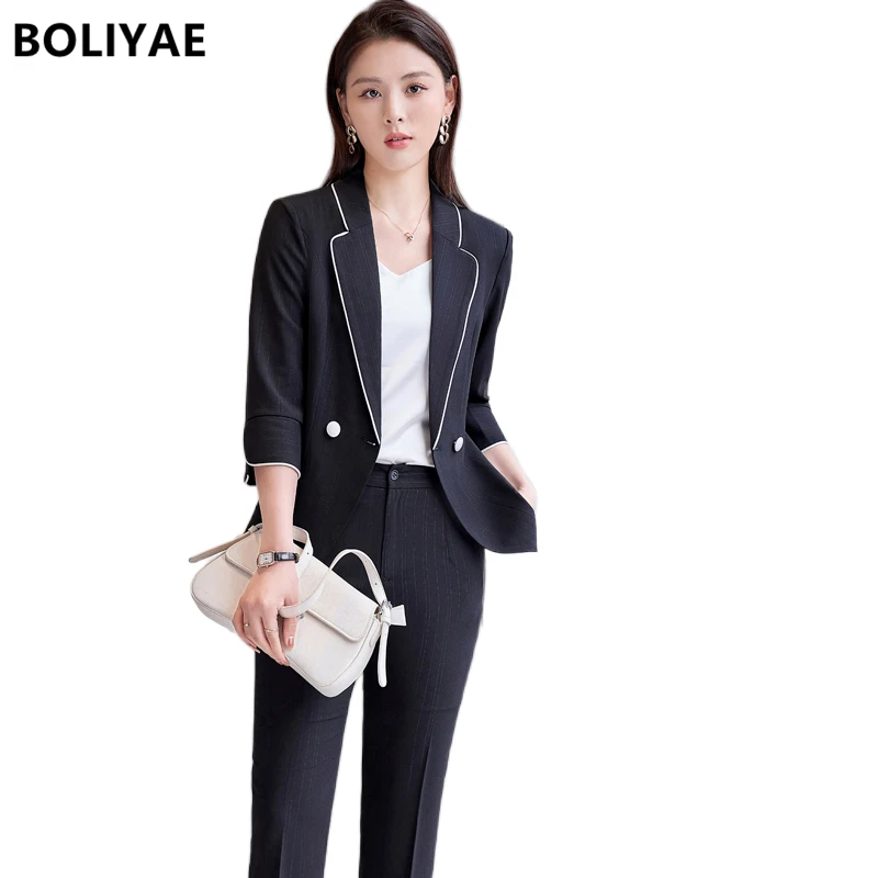 2022 New Korean Fashion Suit Elegant Women's Summer Clothes Thin 7-point Sleeve Solid Color Jacket Straight Pants Two-piece Set