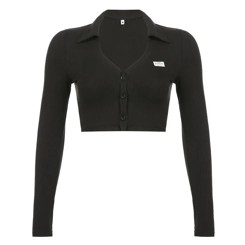 Женская футболка Sexy Slim Fit Crop Button Top Black Autumn Lady с длинным рукавом и v-образным вырезом