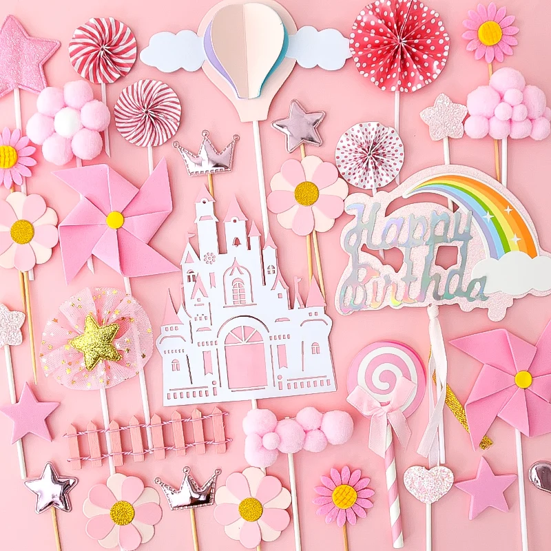 

Cakelove 1Pcs Happy Birthday Baby Showers Girls Princess Pink Cake Toppers Sunflowers Castle Flags arty Cupcake Kids Decorations