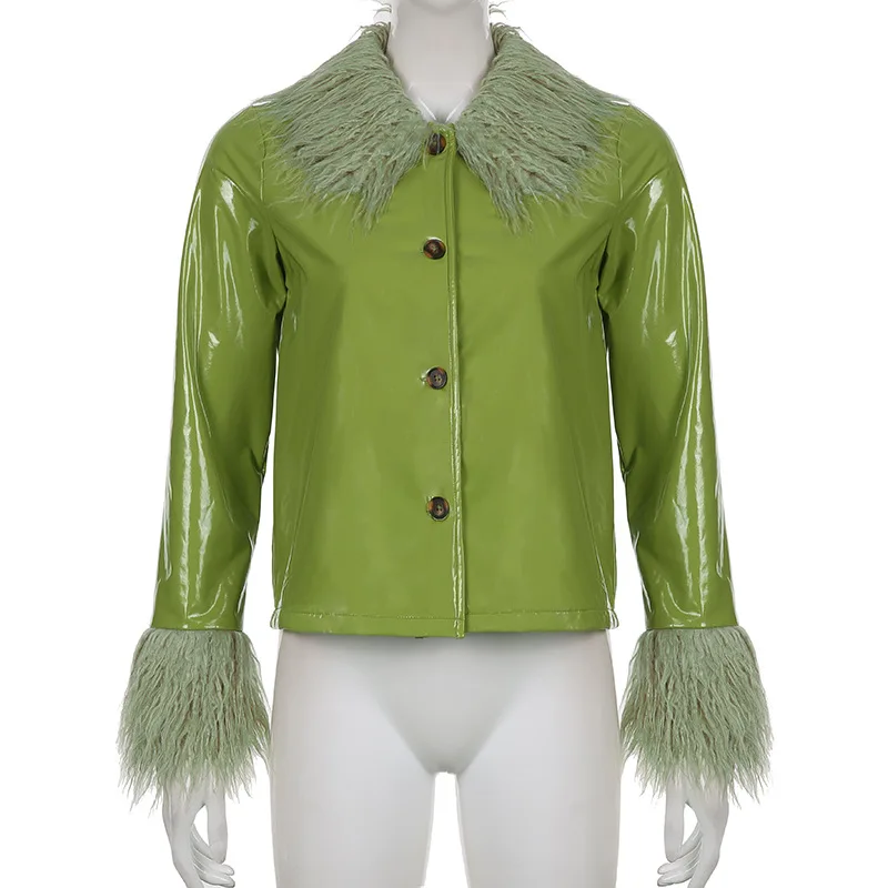 Fur Collar Leather Coat Women's American Style 2022 Winter Leather Glossy Breasted Warm Leather Casual Coat Cool Girl Green Top