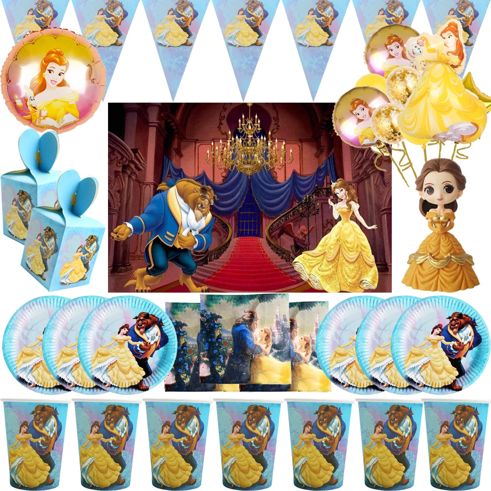 

Beauty and Beast Birthday Party Decorations Disposable Tableware Plates Napkins Straws Backdrop Baby Shower Supplies Girl Gifts