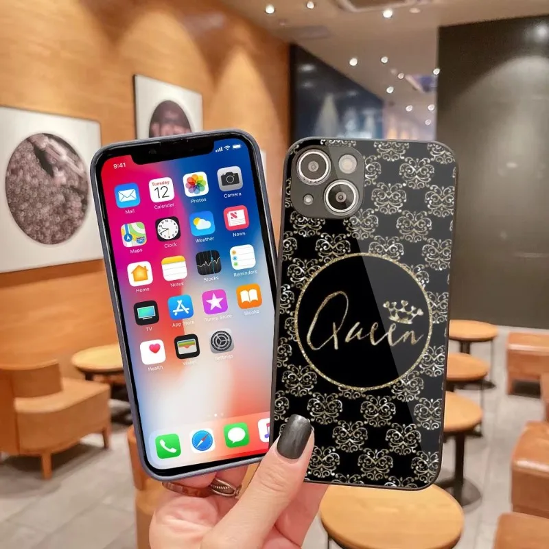

Luxury Queen Crown Phone Case for iPhone 14 13 12 11 Pro Max X XR XS 8 7 Plus Liquid Glass Phone Cover Funda