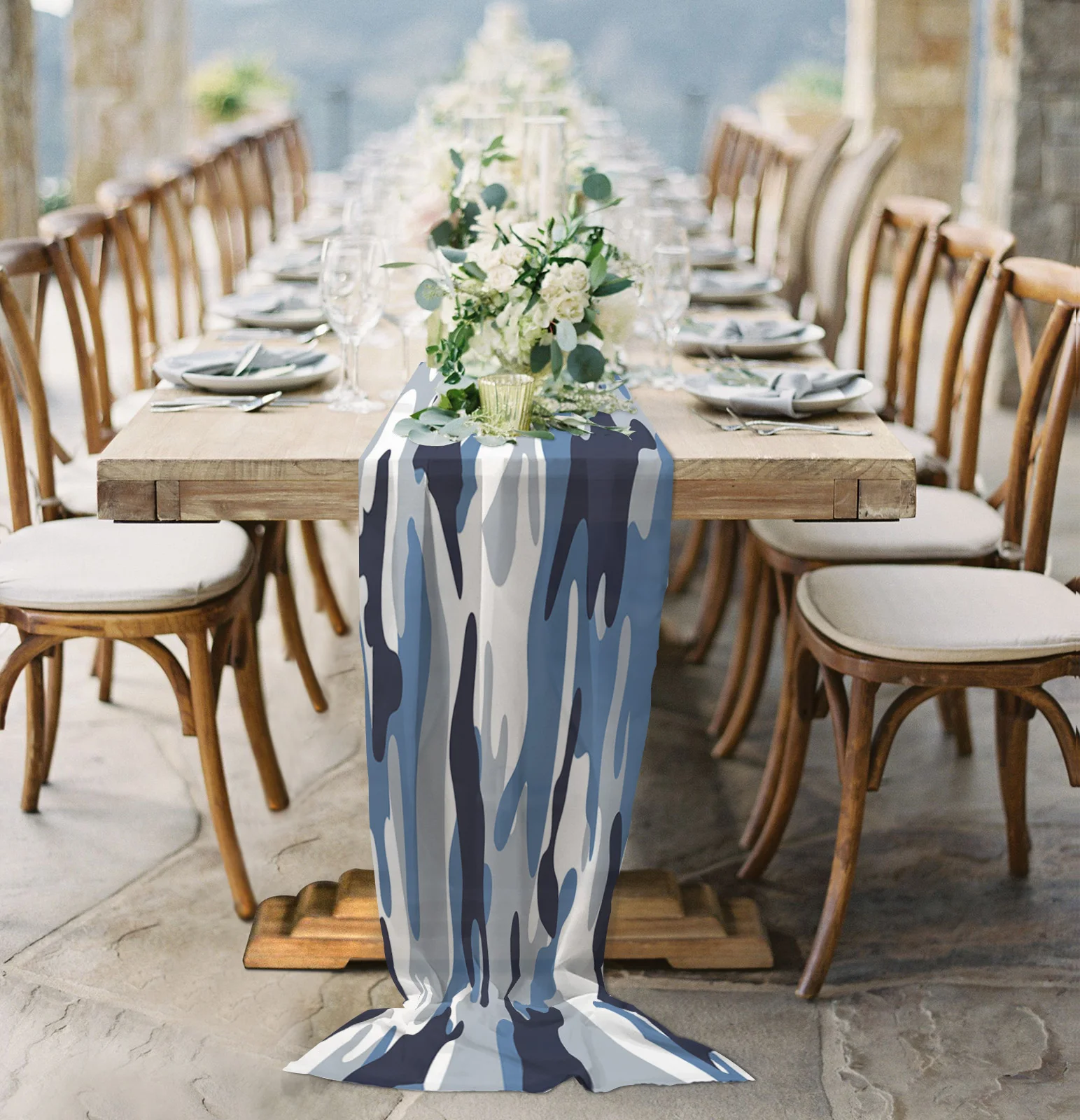 

Blue Camouflage Abstract Sheer Chiffon Table Runner Wedding Party Birthday Luxury Voile Tablecloth Home Decoration