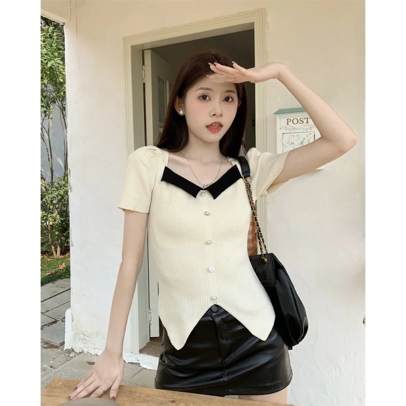 

Summer Square Neck Bubble Sleeve Knitted Short Sleeve T-shirt Top
