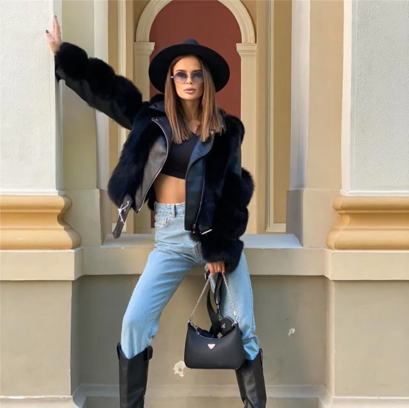 Fox Fur Coat With Genuine Sheepskin Leather Women's Winter Coat Luxury Leather Winter Jackets 2022 Woman Outerwear Fluffy Coat