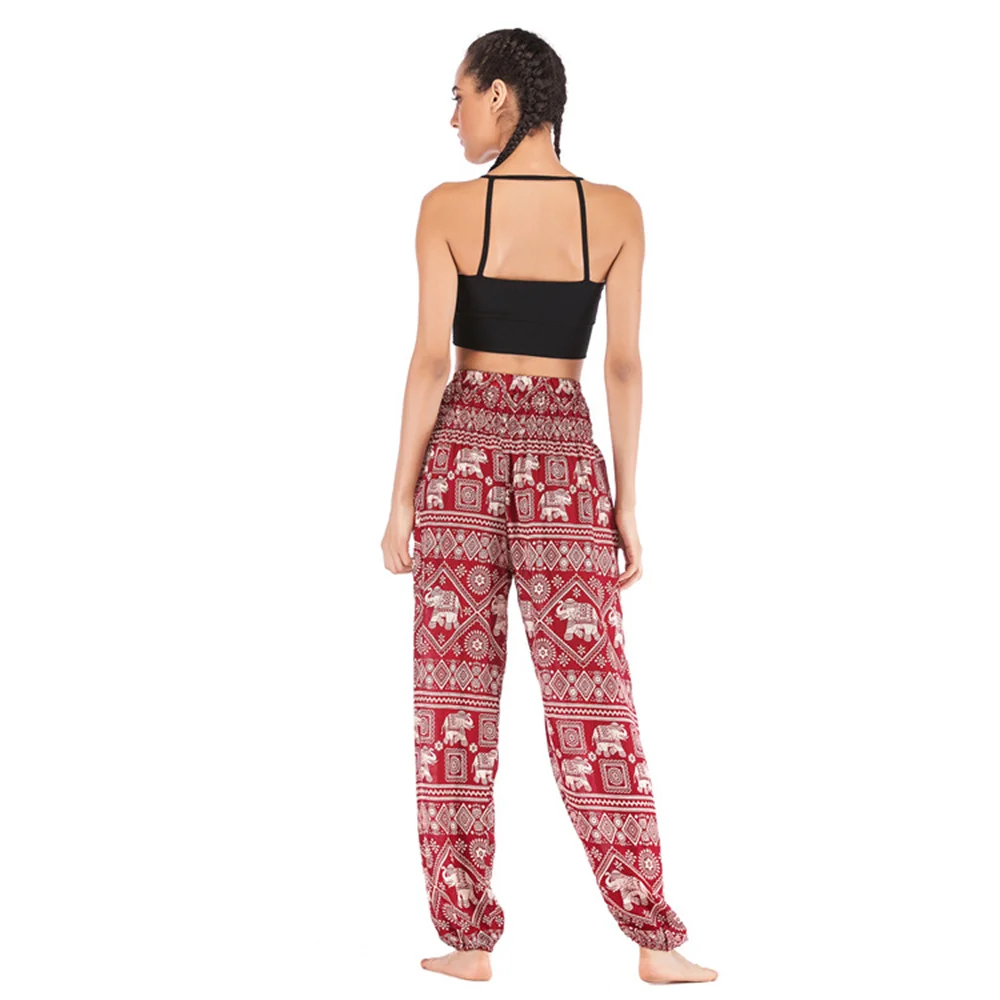 Summer Women Bohemian Floral Print Long Pants Elastic High Waist Vintage Harem Pant Boho Casual Beach Trousers